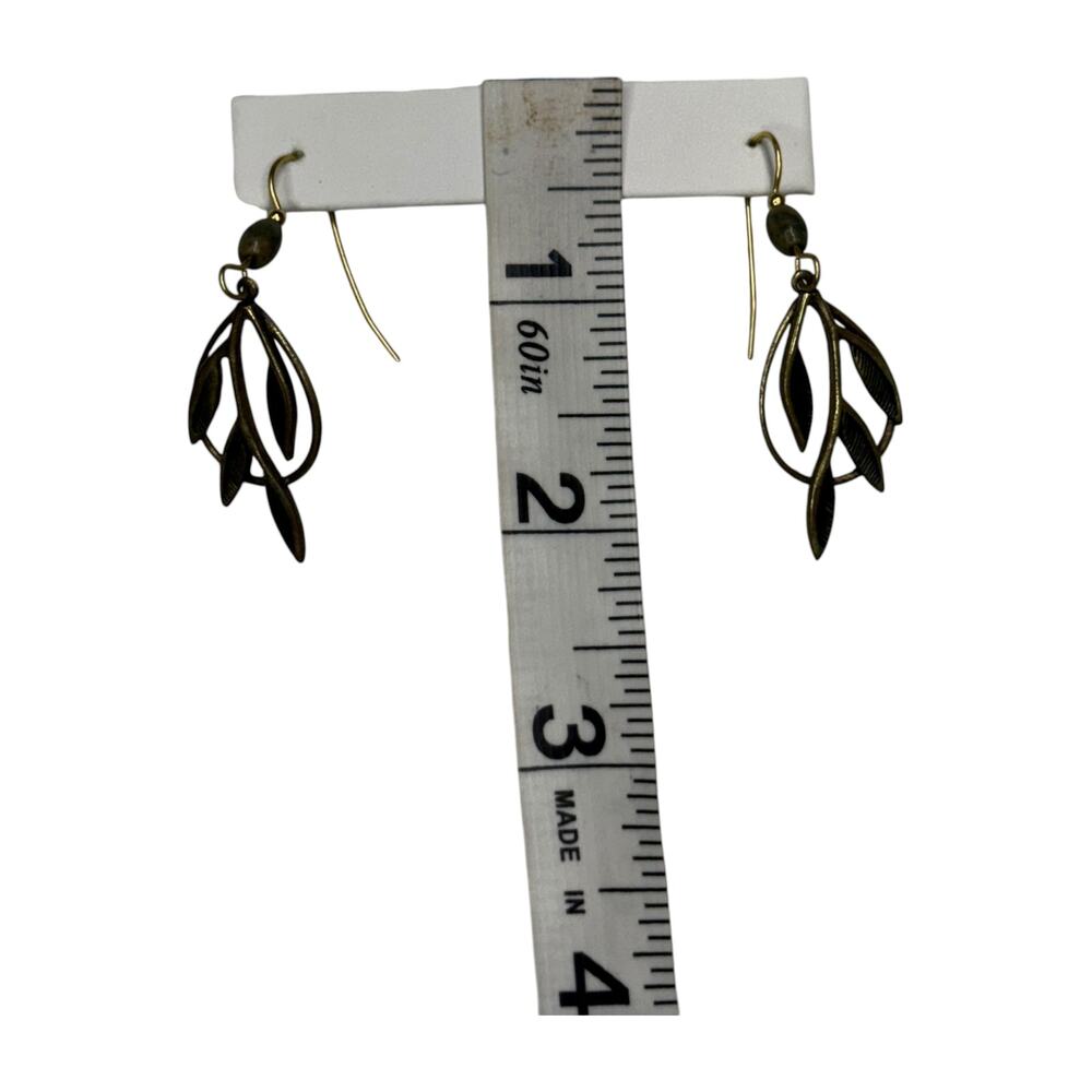 Antique Brass Leaf Dangle Drop Earrings Open Cutwork Botanical French Wire - Picture 6 of 6